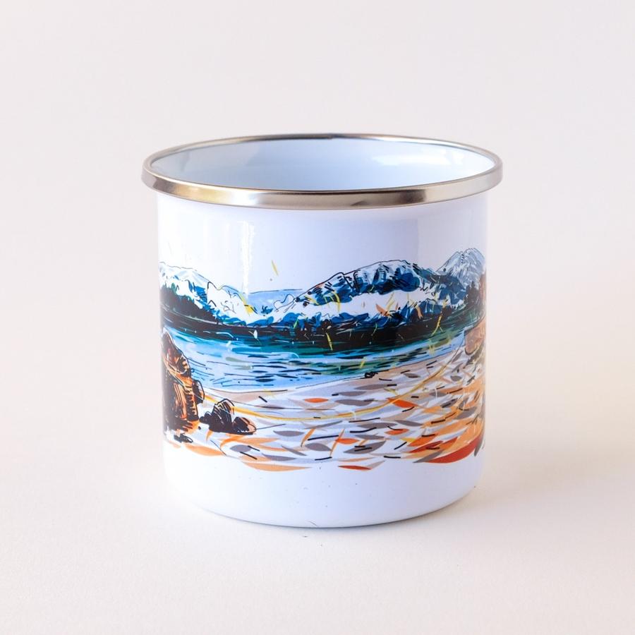 Hand-Printed Enamel Mug (Campfire by the Mountains)