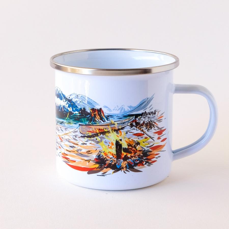 Hand-Printed Enamel Mug (Campfire by the Mountains)
