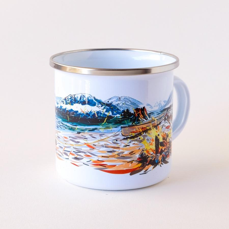 Hand-Printed Enamel Mug (Campfire by the Mountains)