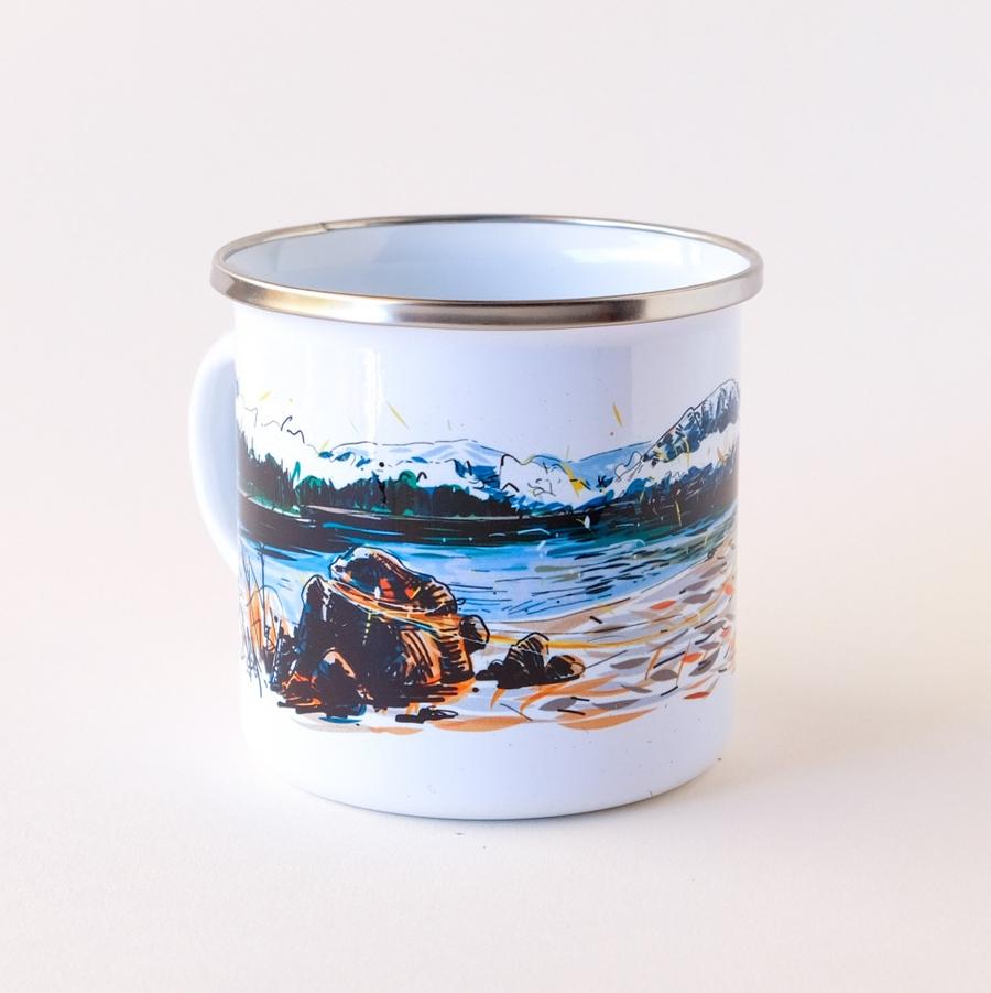 Hand-Printed Enamel Mug (Campfire by the Mountains)